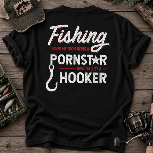 Fishing Saved Me Hooker Red Script T-Shirt in Black