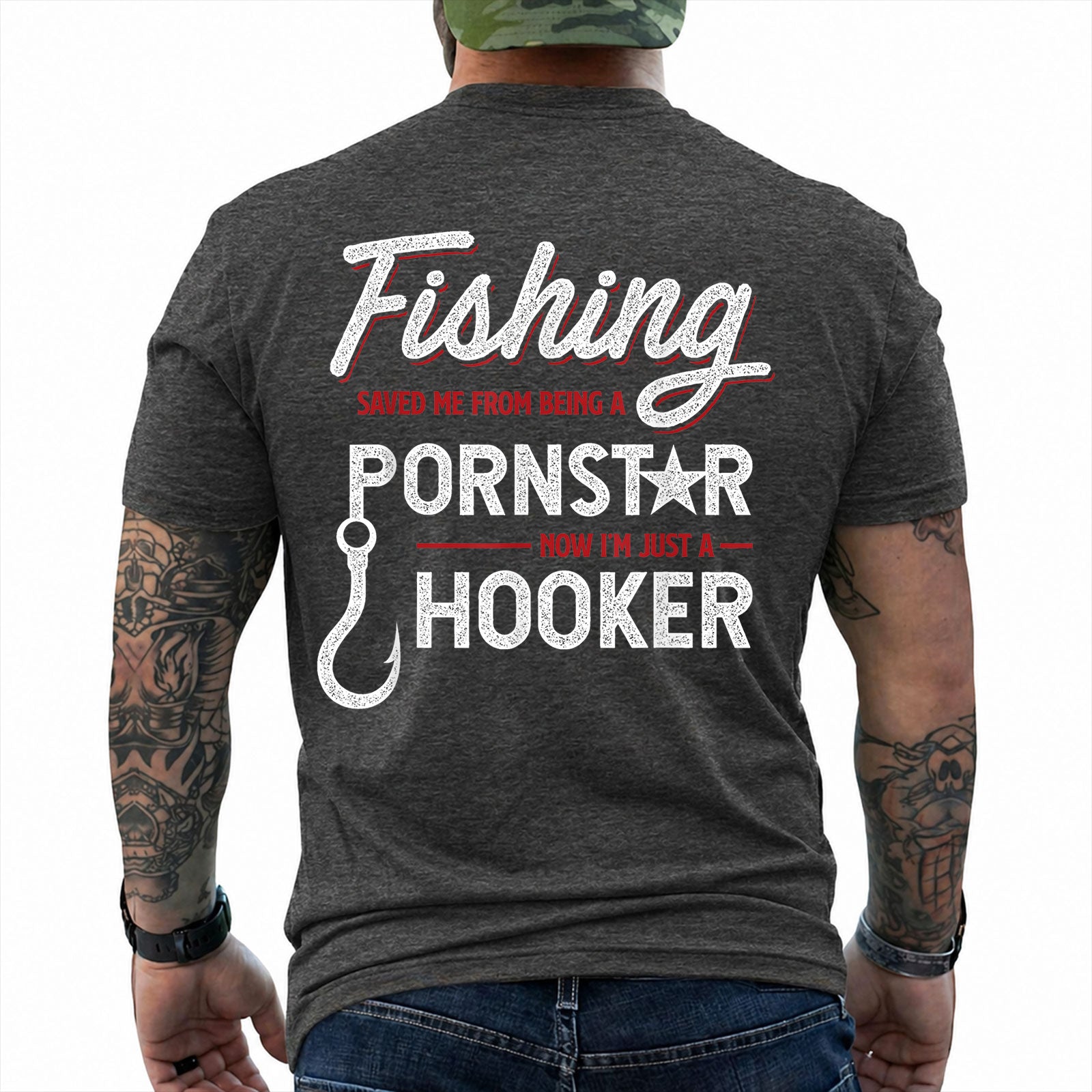 Dark Heather T-shirt back with white script, red accents, a fishing hook, and a Fishing Saved Me adult joke