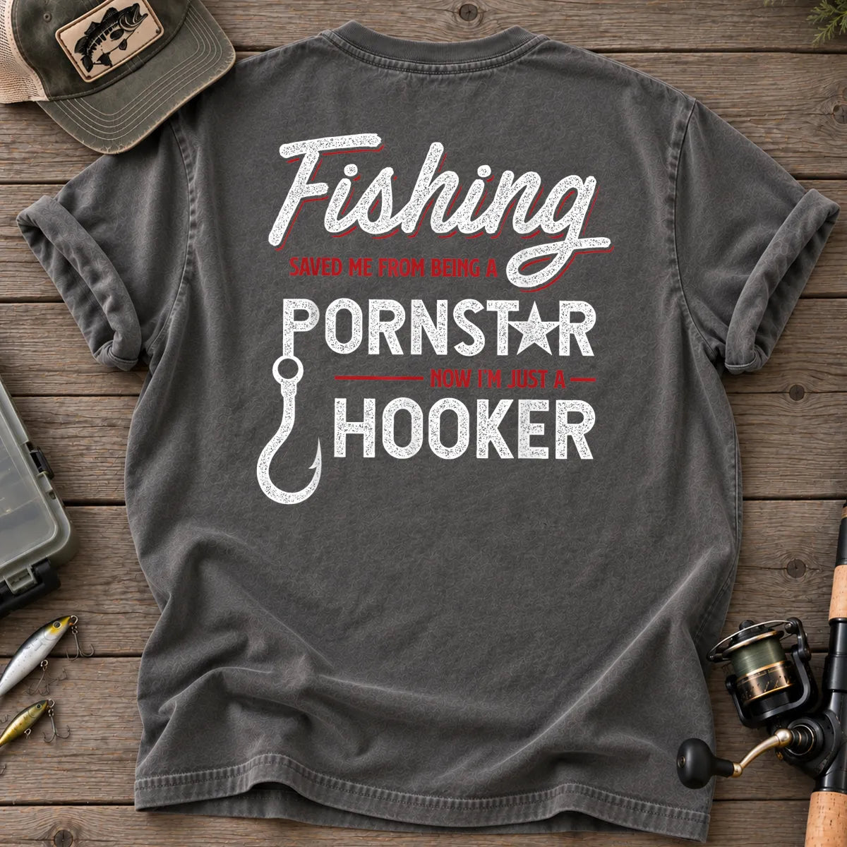 Fishing Saved Me Hooker Red Script T-Shirt in Pepper