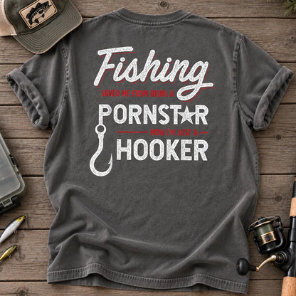 Fishing Saved Me Hooker Red Script T-Shirt in Pepper