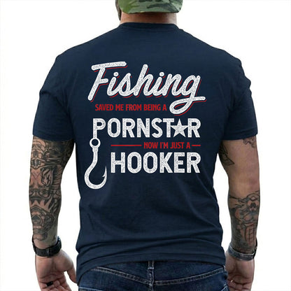 Forest Green T-shirt back with white script, red accents, a fishing hook, and a Fishing Saved Me adult joke