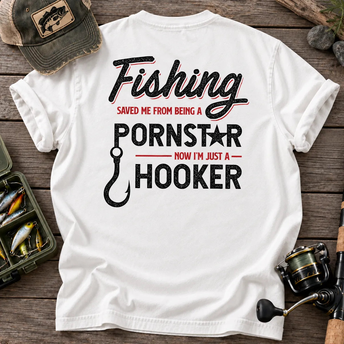 Fishing Saved Me Hooker Red Script T-Shirt in White