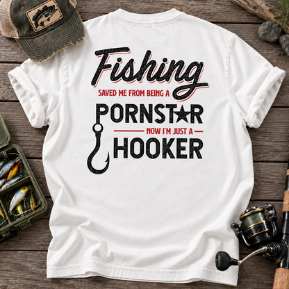 Fishing Saved Me Hooker Red Script T-Shirt in White