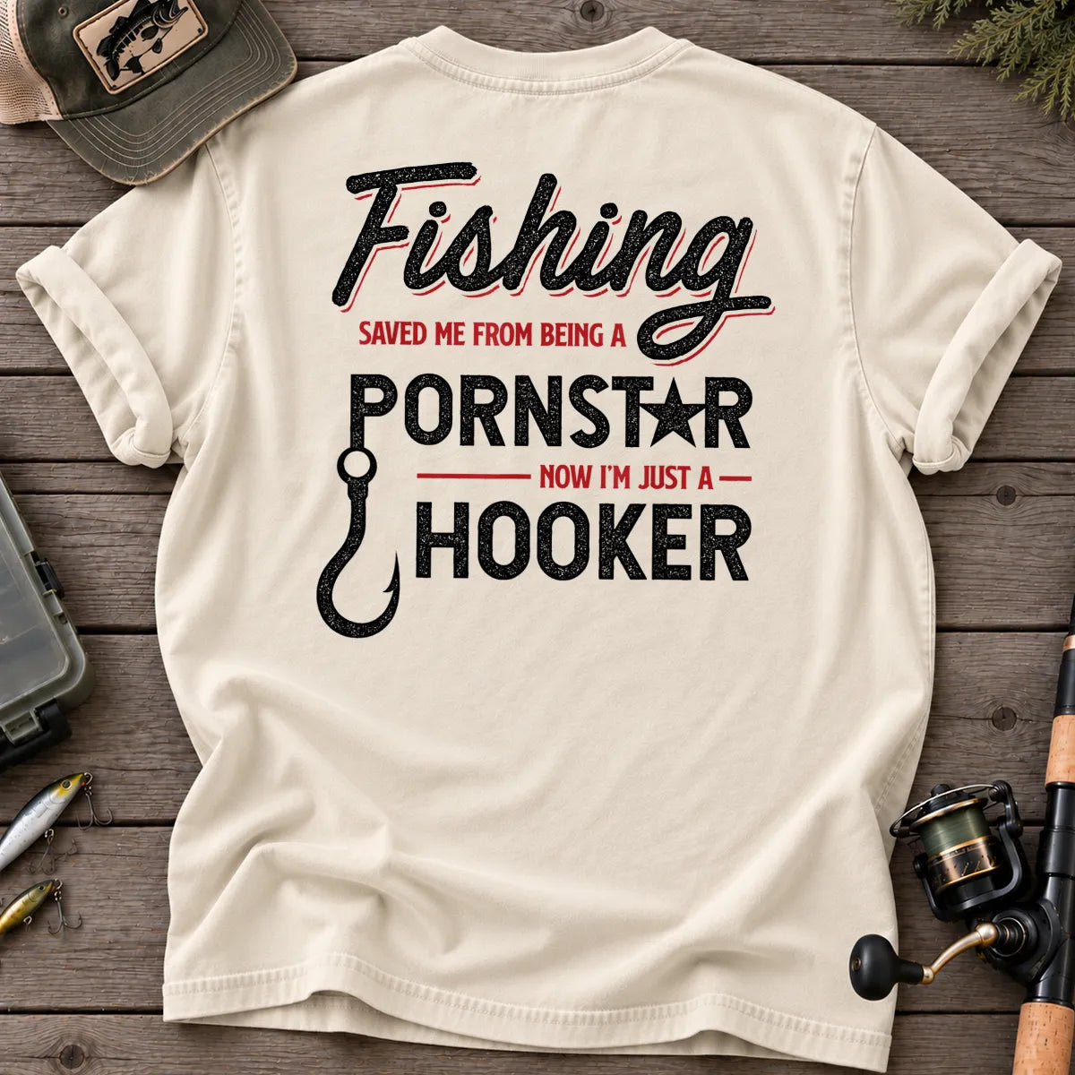 Fishing Saved Me Hooker Red Script T-Shirt in Ivory