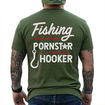 Military Green T-shirt back with white script, red accents, a fishing hook, and a Fishing Saved Me adult joke