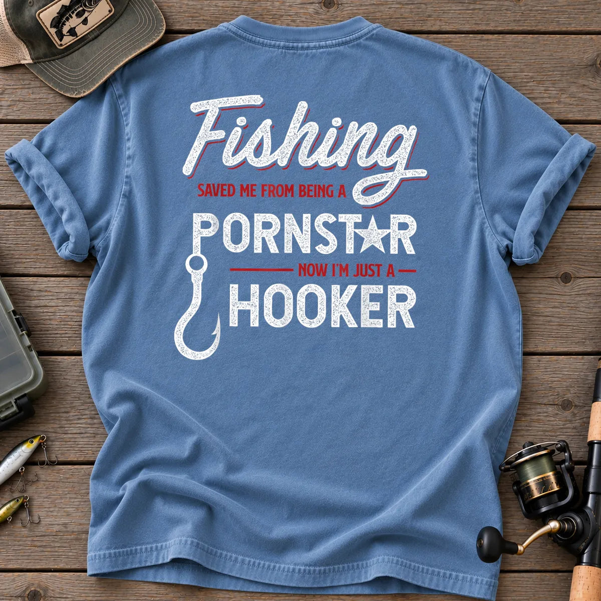 Fishing Saved Me Hooker Red Script T-Shirt in Blue Jean
