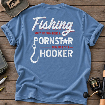 Fishing Saved Me Hooker Red Script T-Shirt in Blue Jean