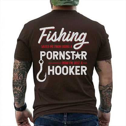 Dark Chocolate T-shirt back with white script, red accents, a fishing hook, and a Fishing Saved Me adult joke