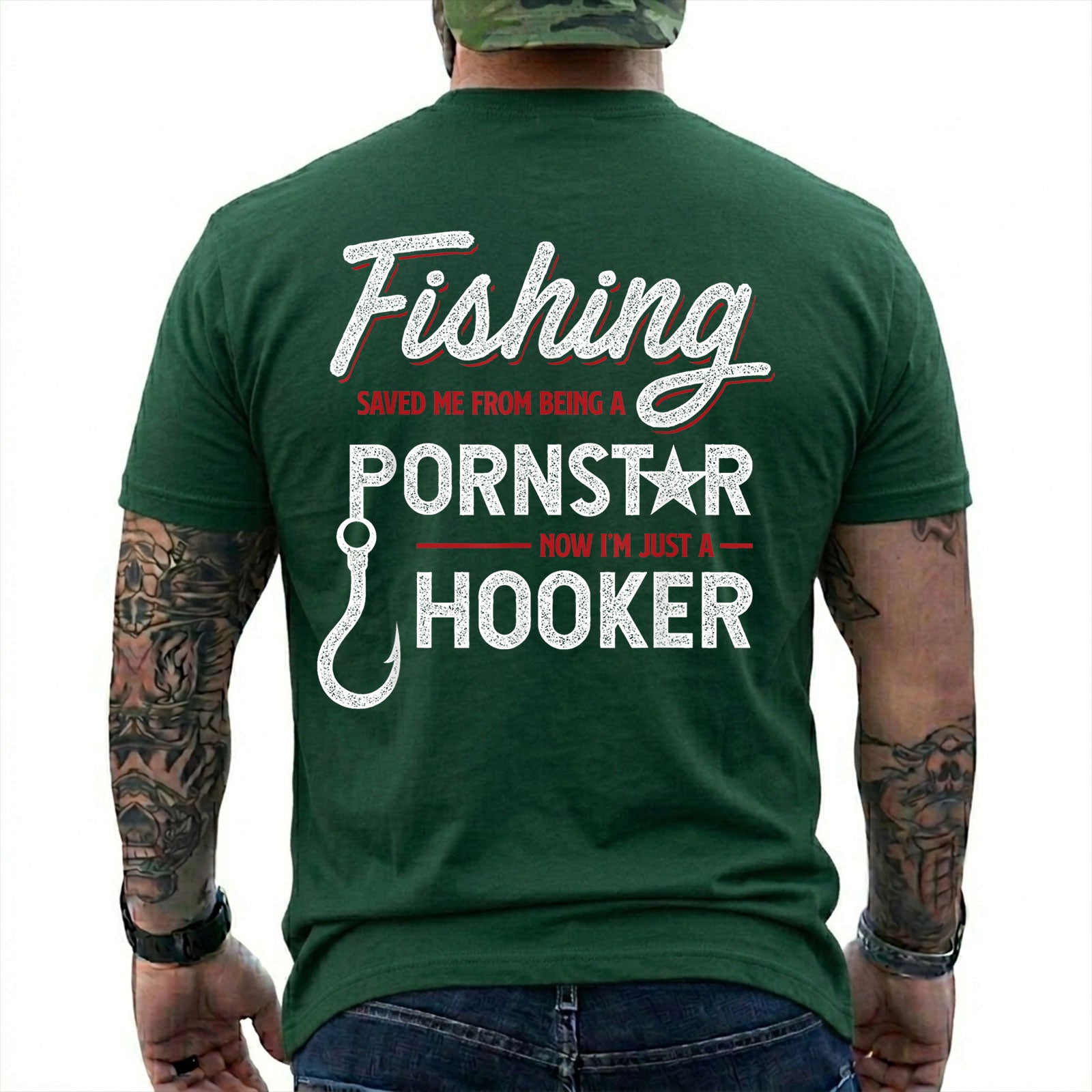 Navy T-shirt back with white script, red accents, a fishing hook, and a Fishing Saved Me adult joke