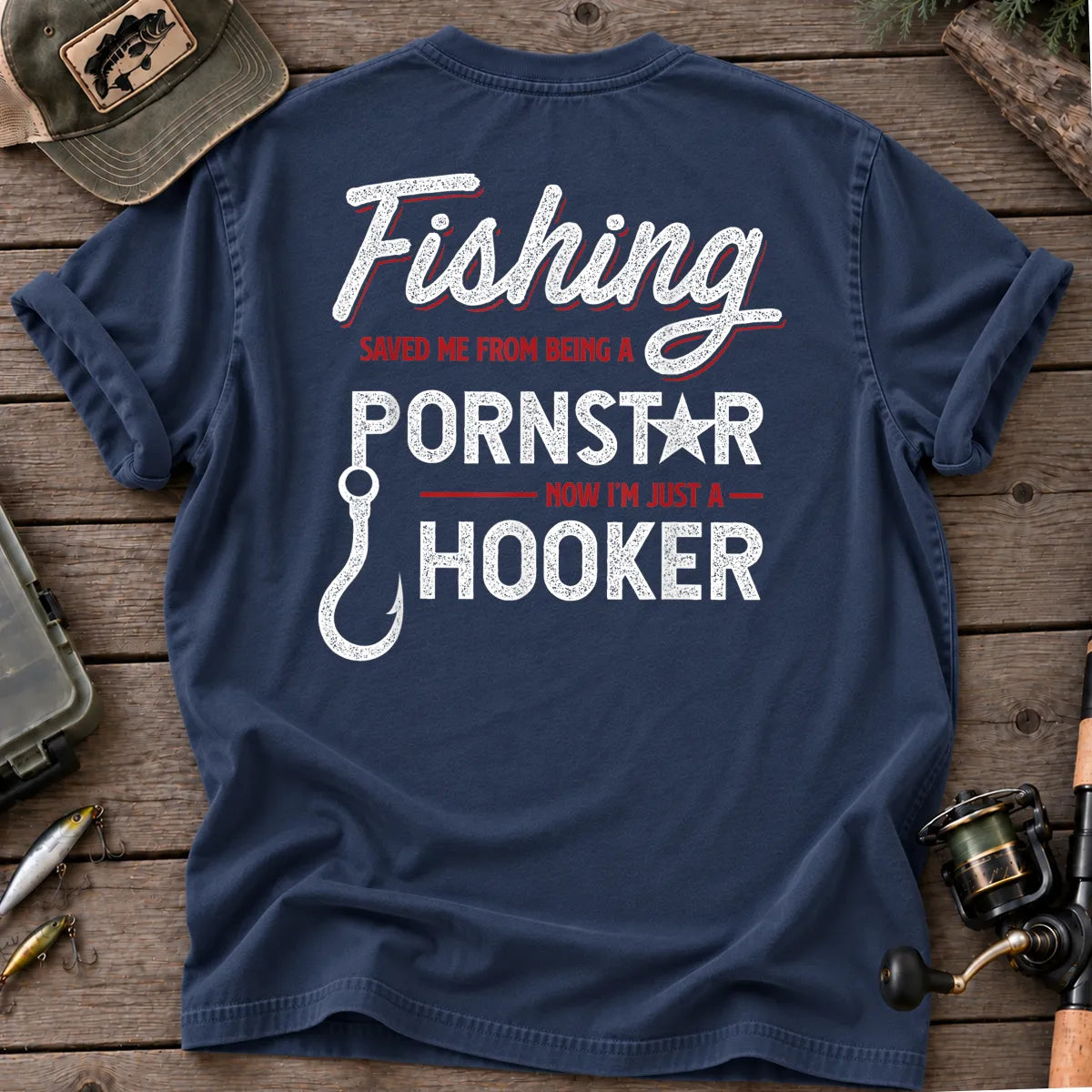 Fishing Saved Me Hooker Red Script T-Shirt in True Navy