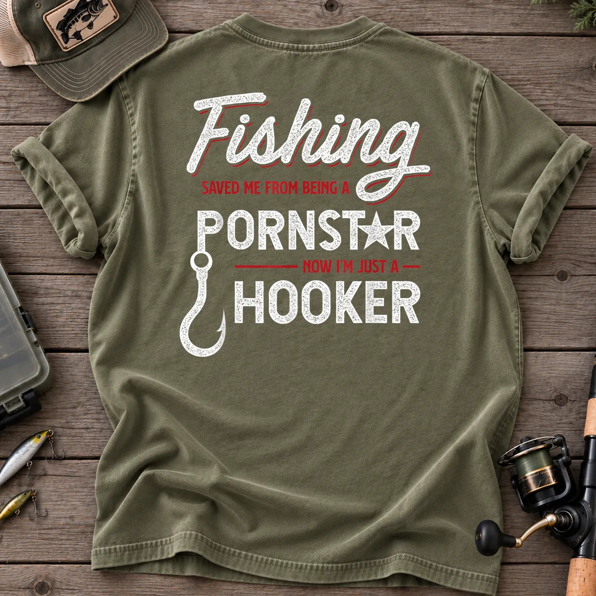 Fishing Saved Me Hooker Red Script T-Shirt in Moss