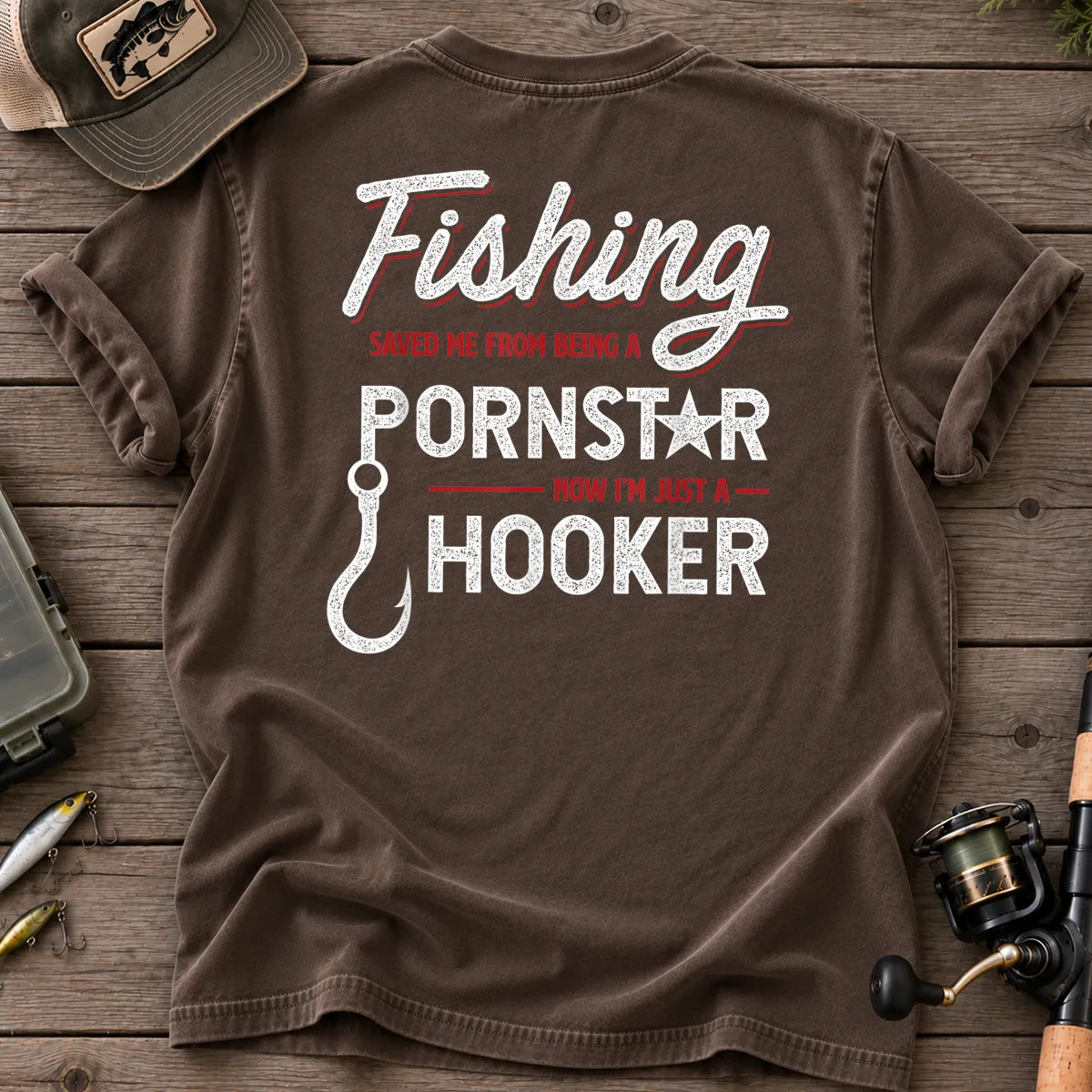 Fishing Saved Me Hooker Red Script T-Shirt in Espresso