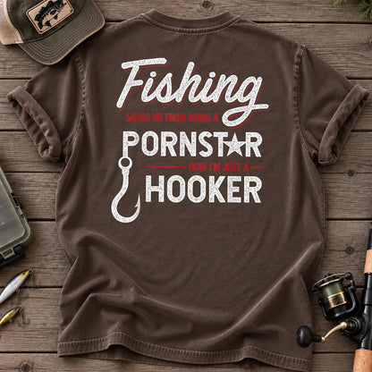 Fishing Saved Me Hooker Red Script T-Shirt in Espresso