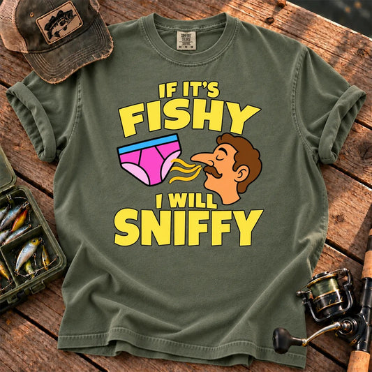 Fishy Sniffy Fishing Joke T-Shirt in Moss
