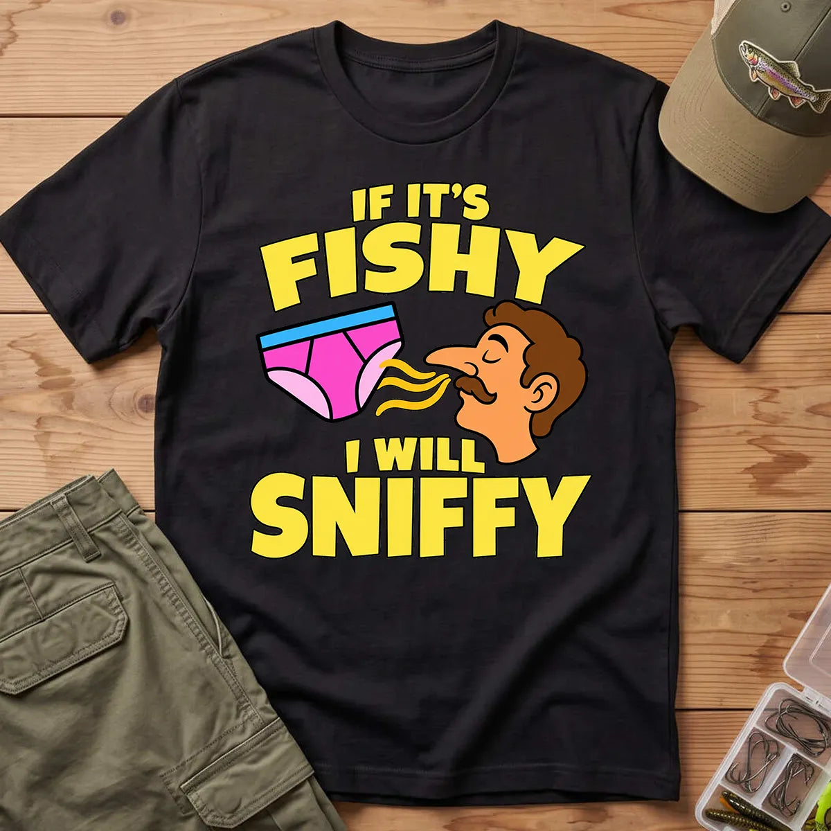 Fishy Sniffy Fishing Joke T-Shirt in Black
