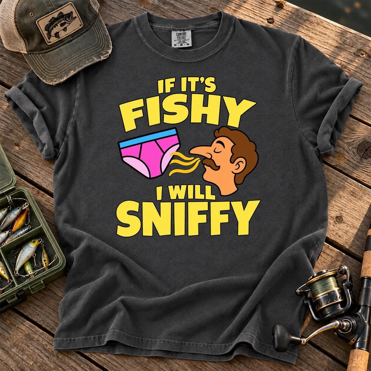 Fishy Sniffy Fishing Joke T-Shirt in Pepper
