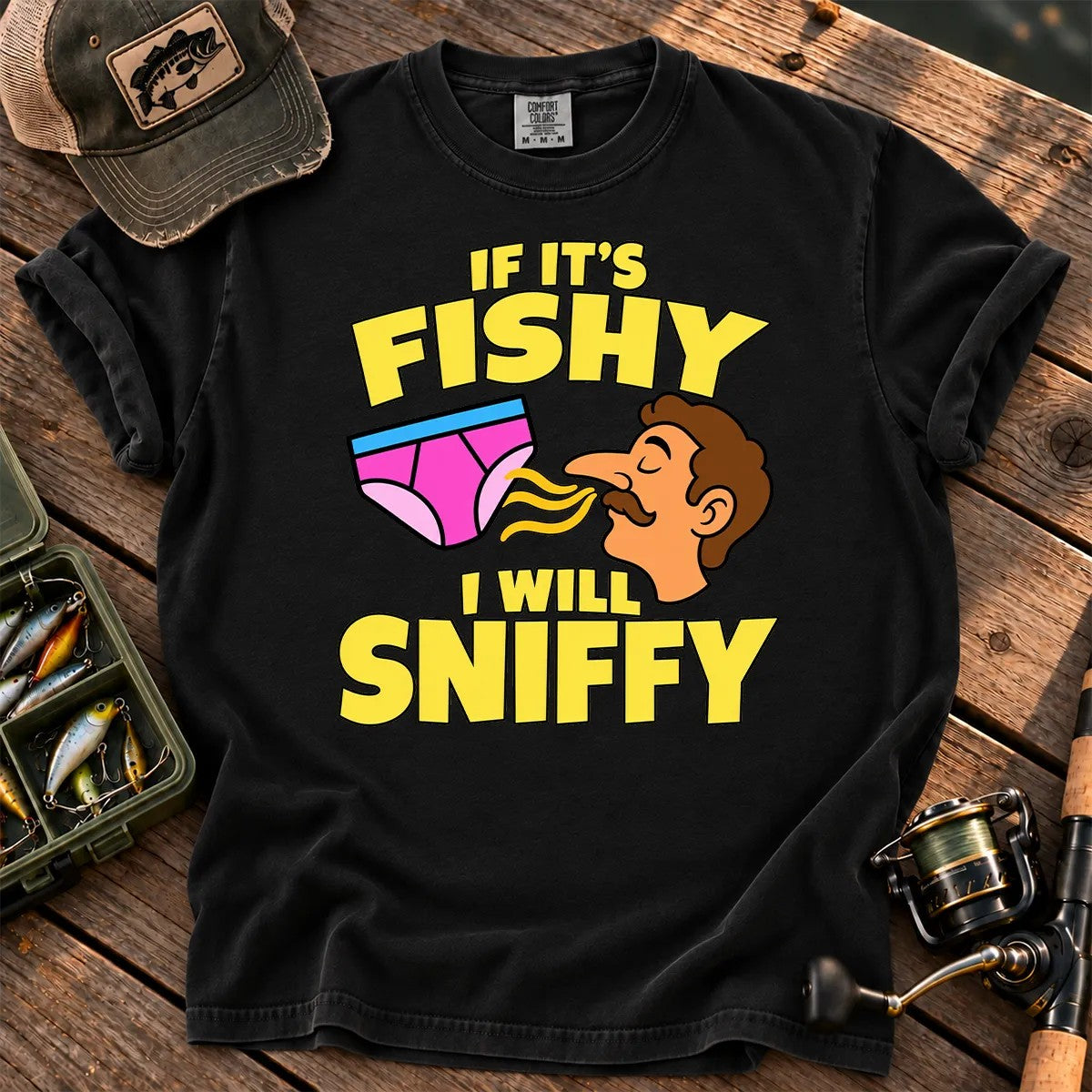 Fishy Sniffy Fishing Joke T-Shirt in Black