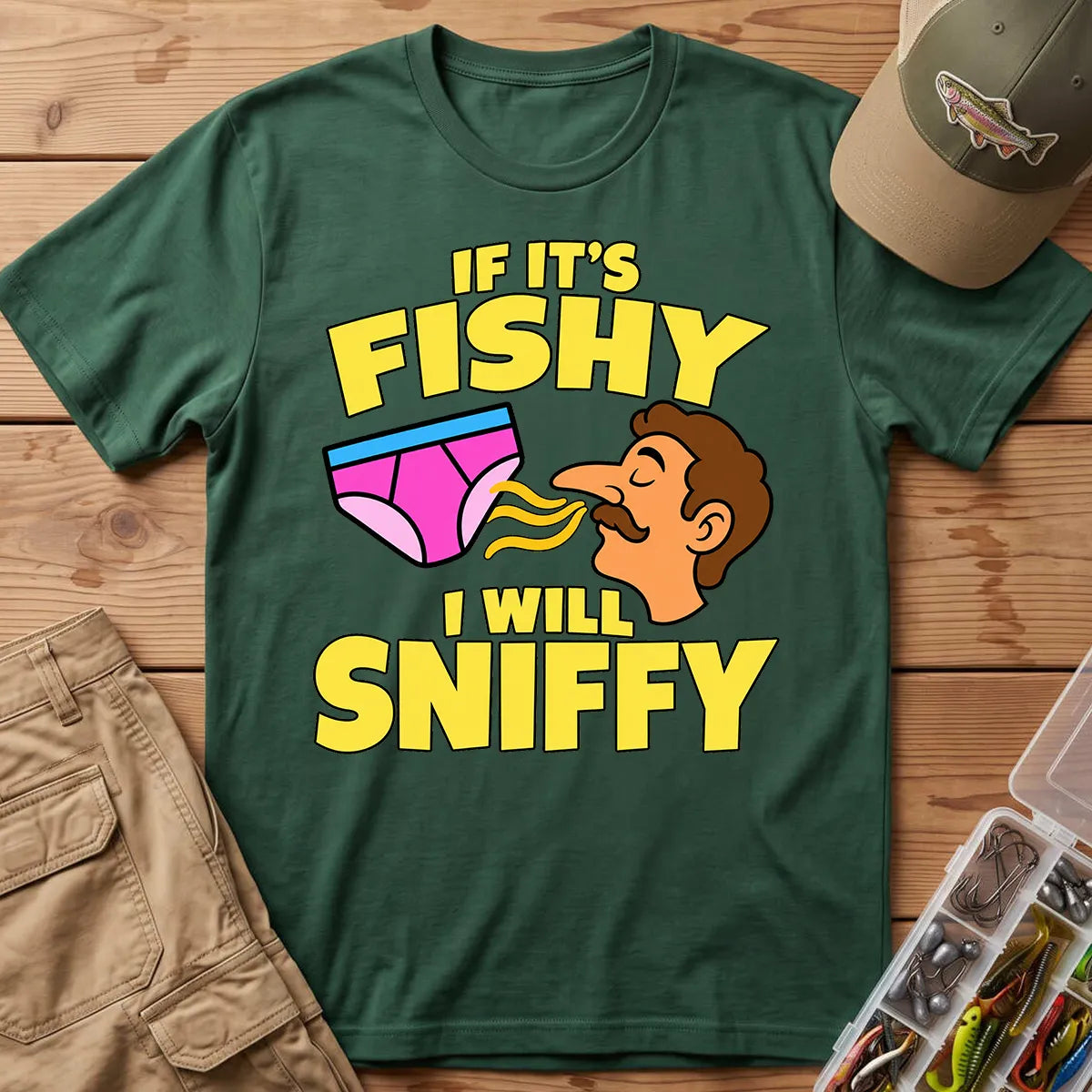 Fishy Sniffy Fishing Joke T-Shirt in Forest Green