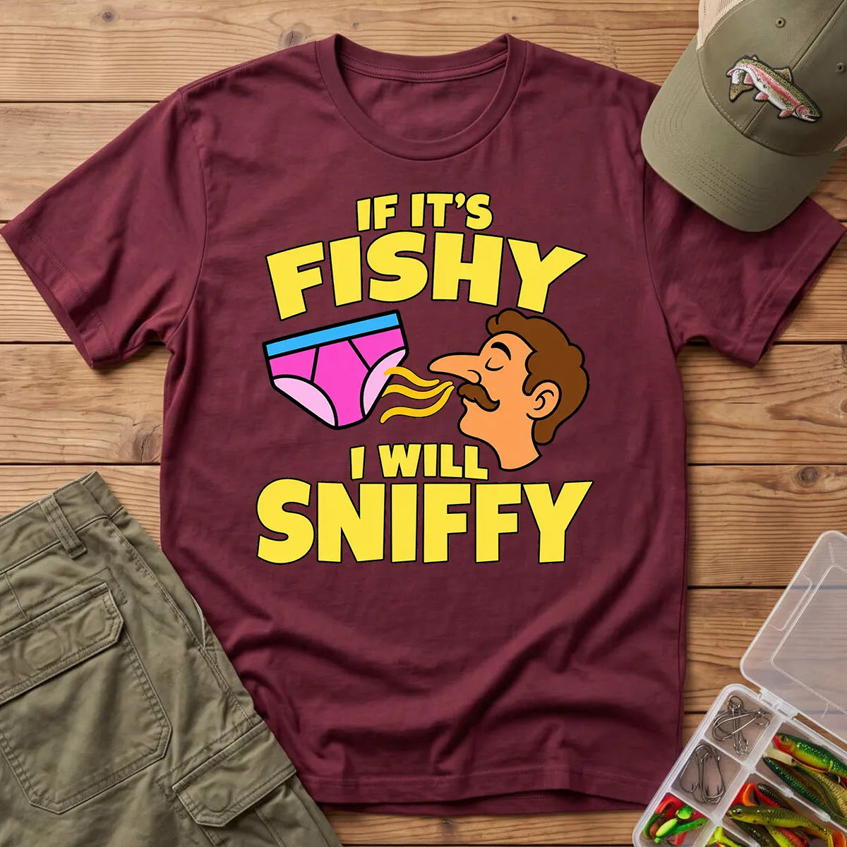 Fishy Sniffy Fishing Joke T-Shirt in Maroon