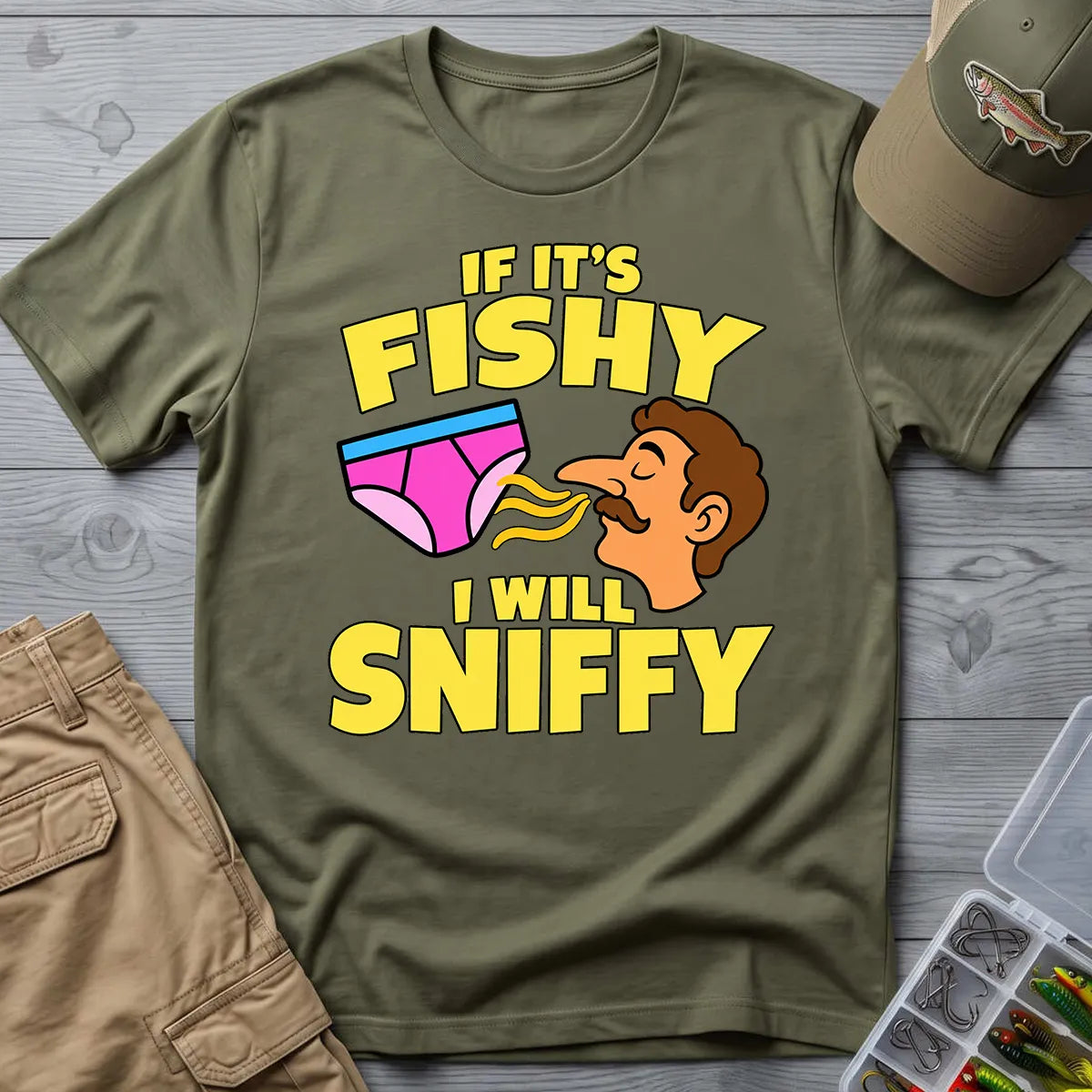 Fishy Sniffy Fishing Joke T-Shirt in Military Green
