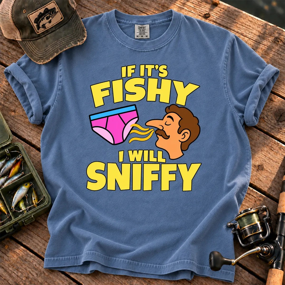 Fishy Sniffy Fishing Joke T-Shirt in Blue Jean