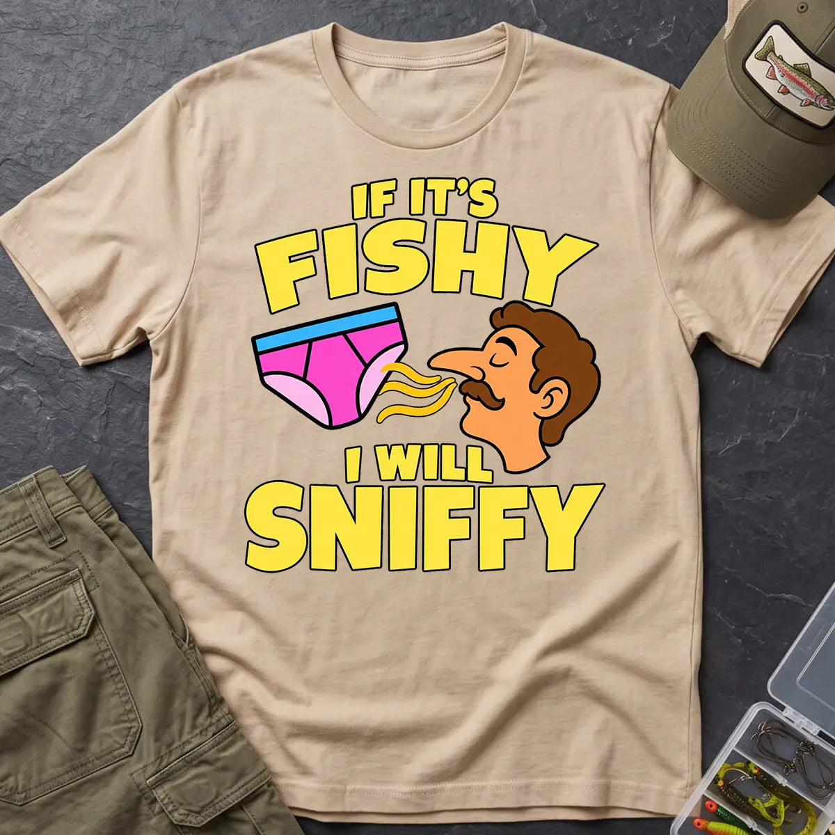Fishy Sniffy Fishing Joke T-Shirt in Sand