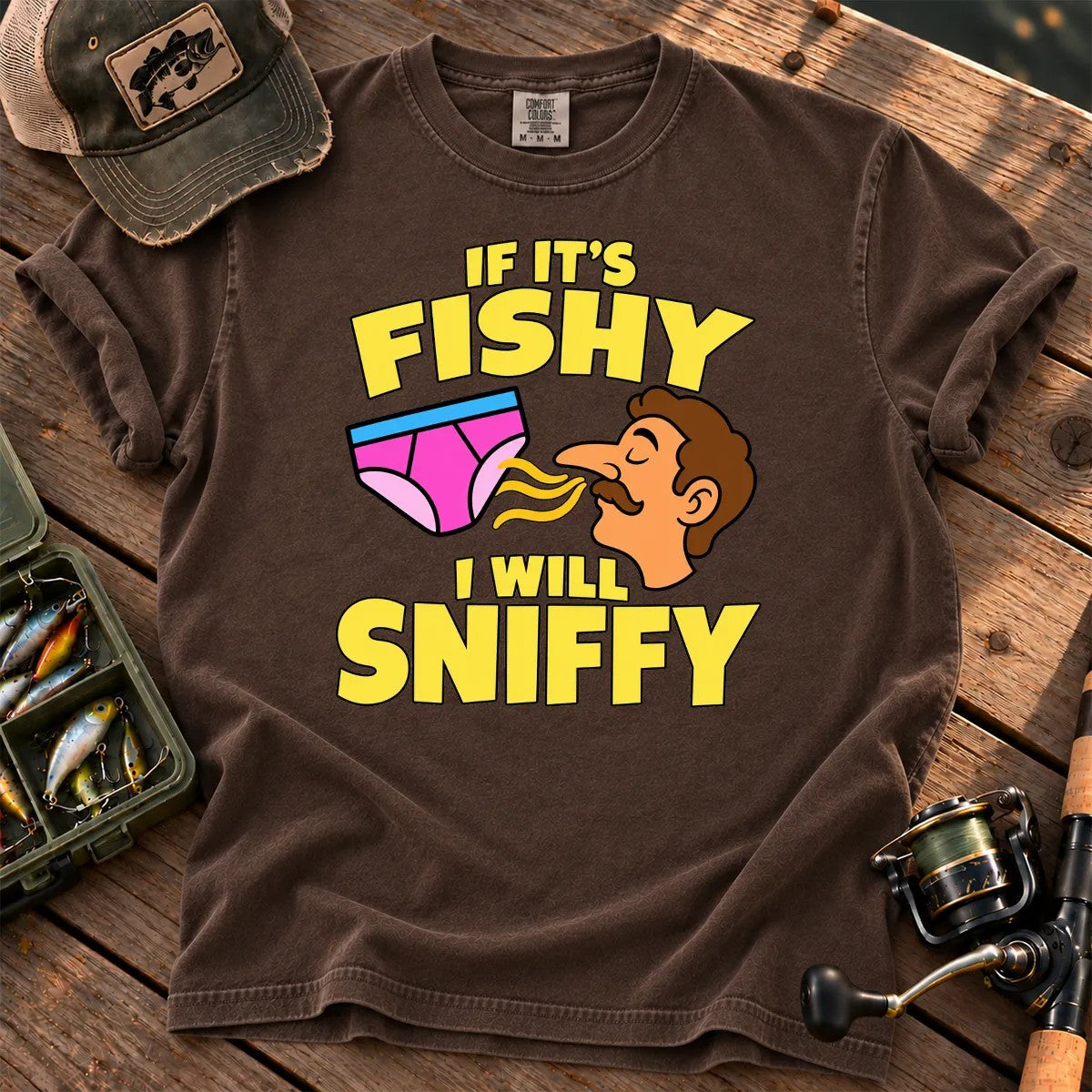 Fishy Sniffy Fishing Joke T-Shirt in Espresso