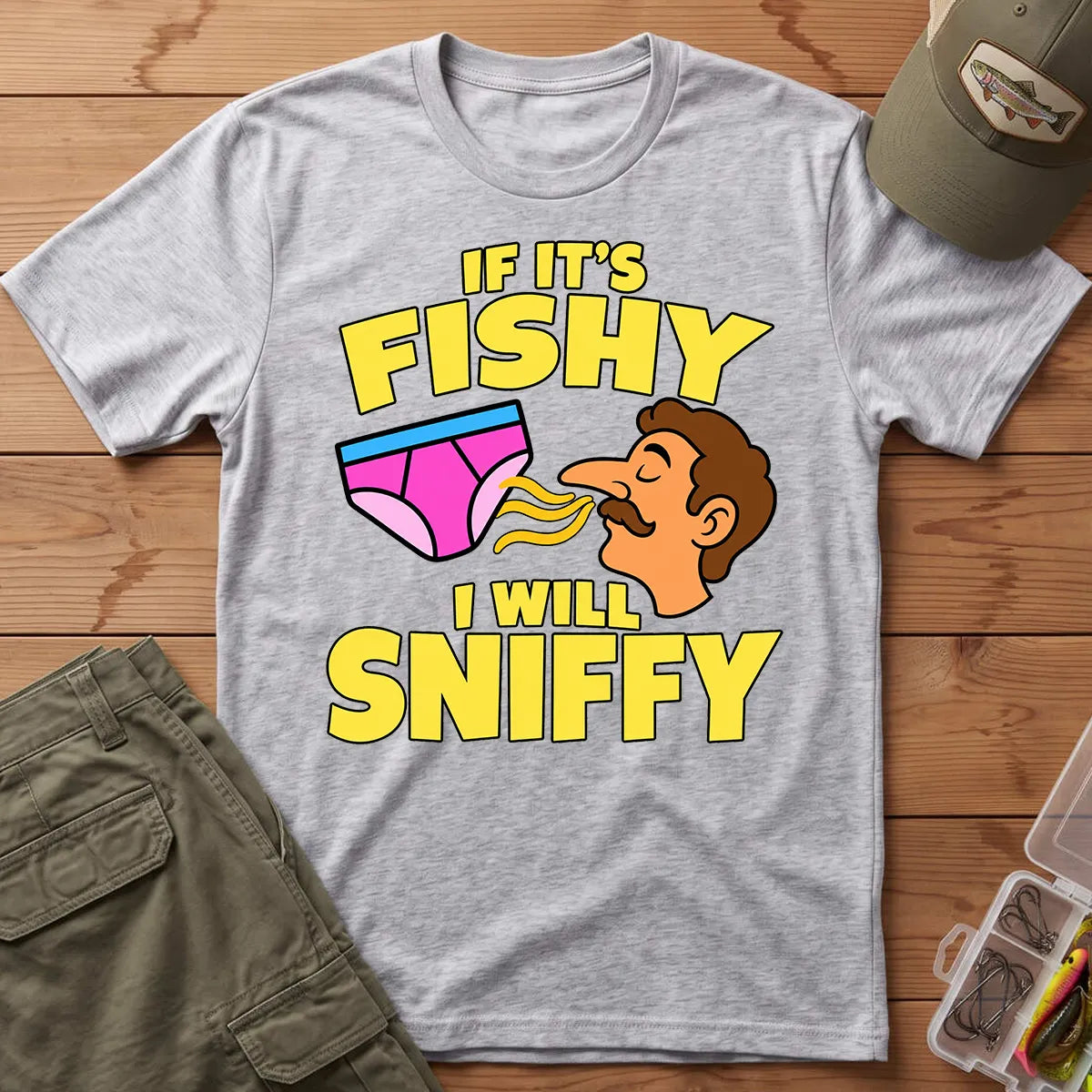 Fishy Sniffy Fishing Joke T-Shirt in Sport Grey