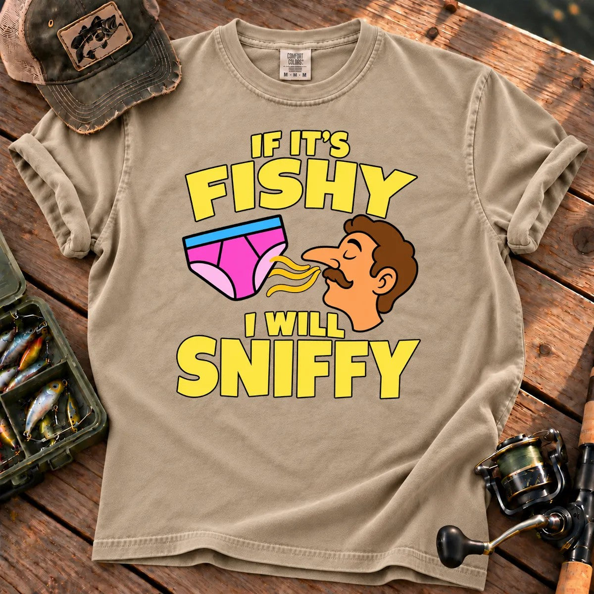 Fishy Sniffy Fishing Joke T-Shirt in Sandstone