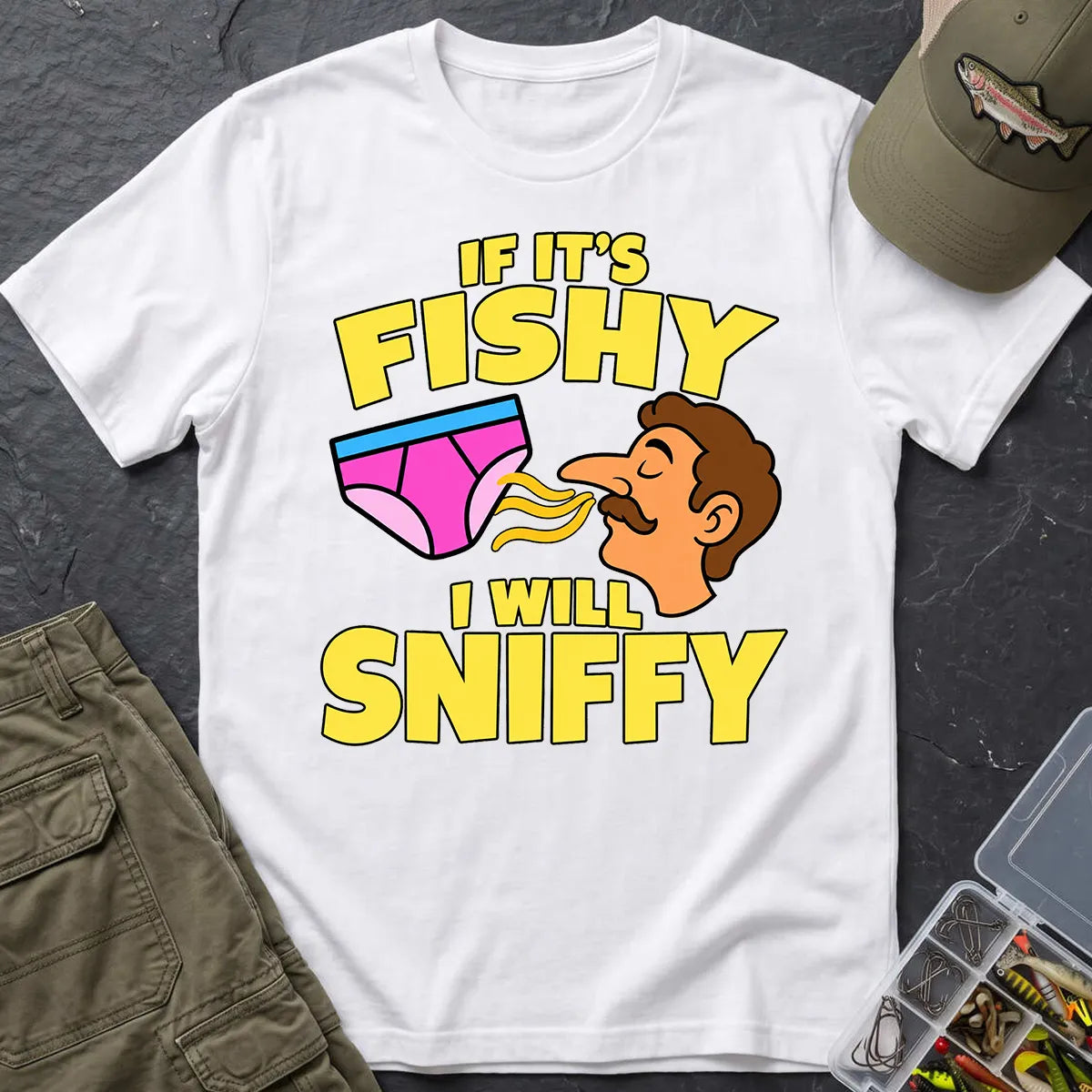 Fishy Sniffy Fishing Joke T-Shirt in White