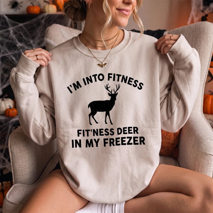 Fitness Deer in My Freezer Sweatshirt Women model in Sand
