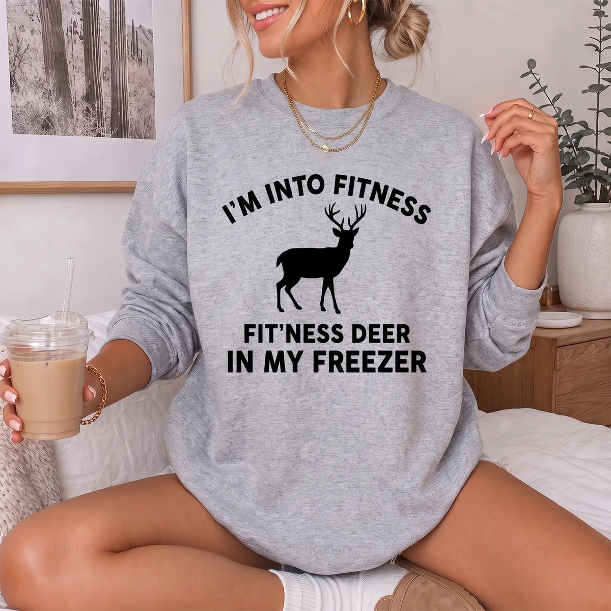 Fitness Deer in My Freezer Sweatshirt Women model in Sport Grey