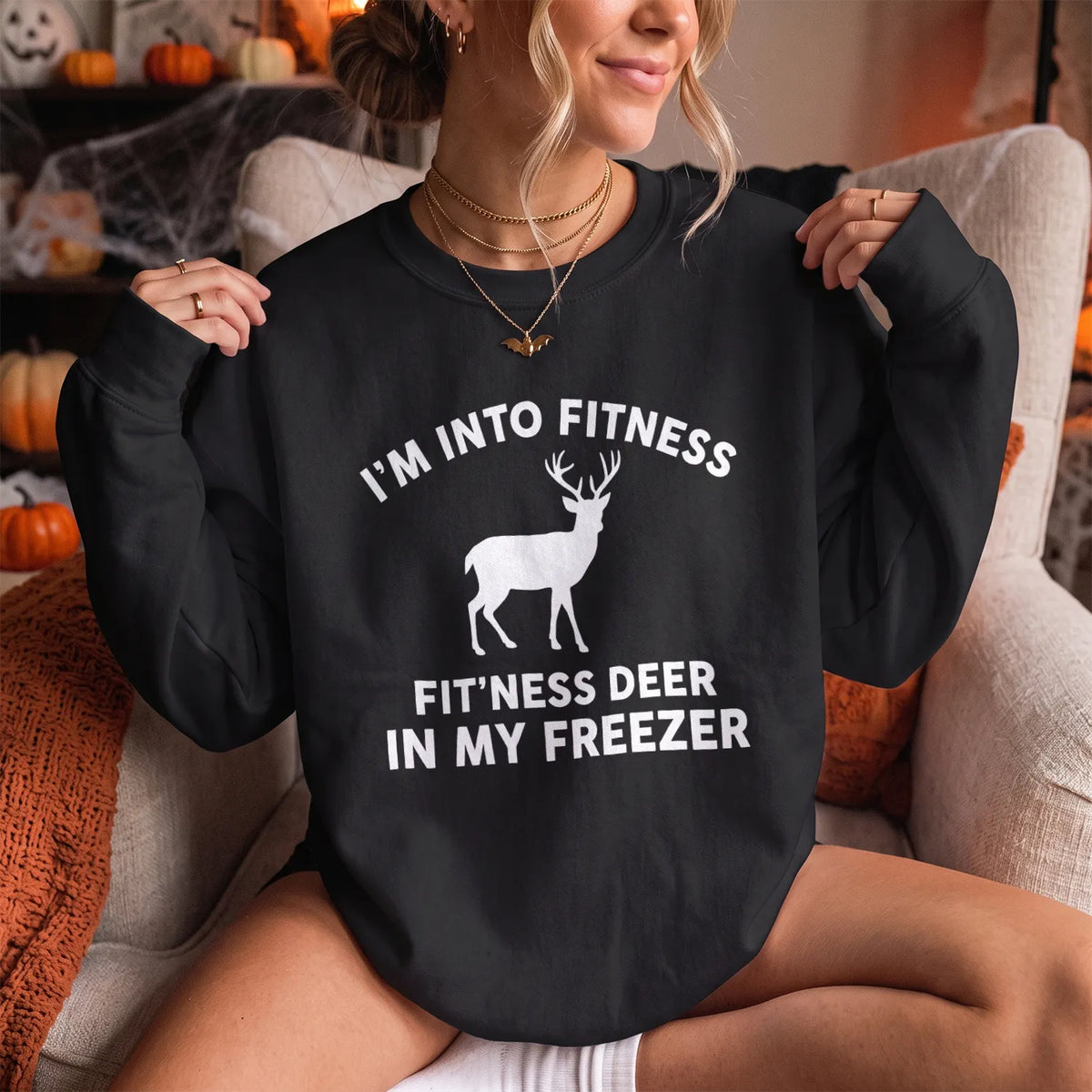 Fitness Deer in My Freezer Sweatshirt Women model in Black