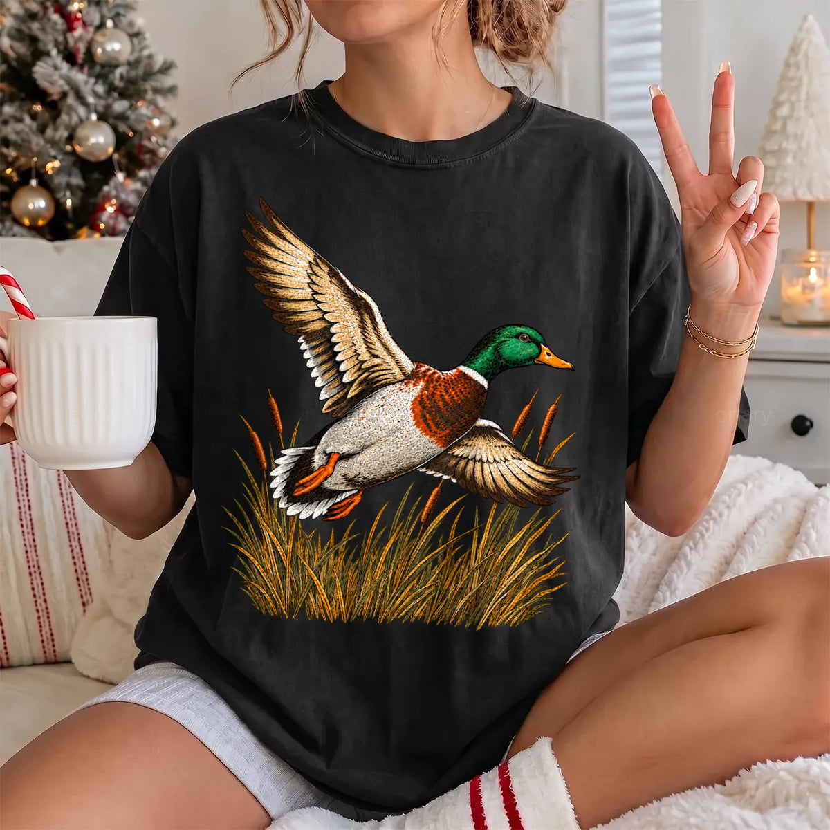 Flying Mallard Duck T-Shirt Women model in Black