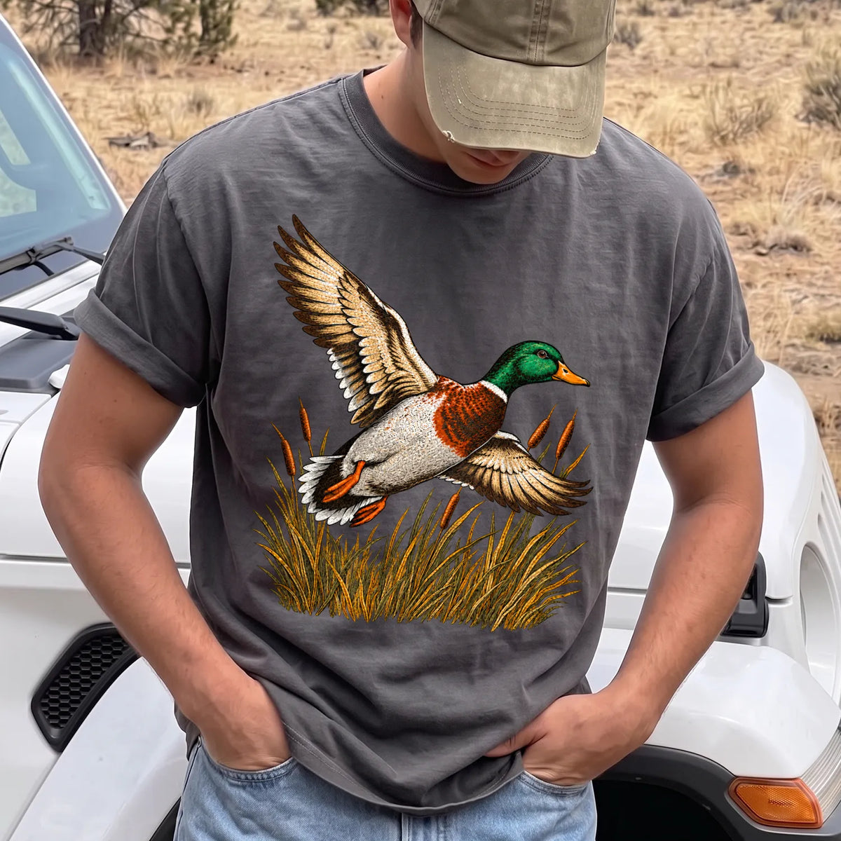 Flying Mallard Duck T-Shirt Men model in Pepper