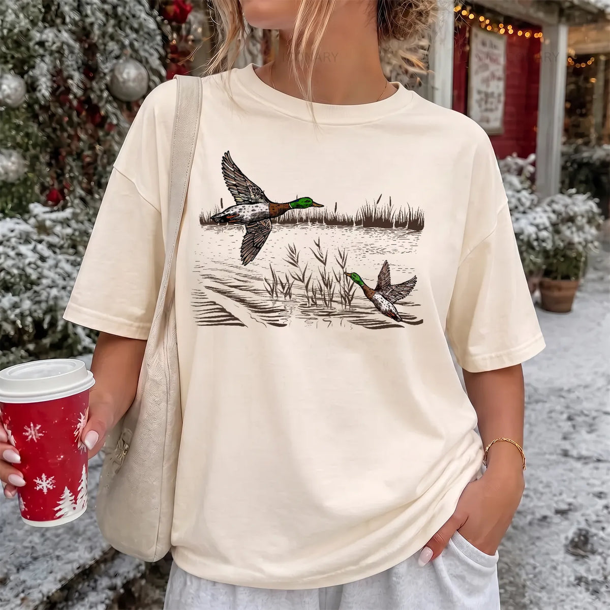 Flying Mallard Ducks T-Shirt Women model in Ivory