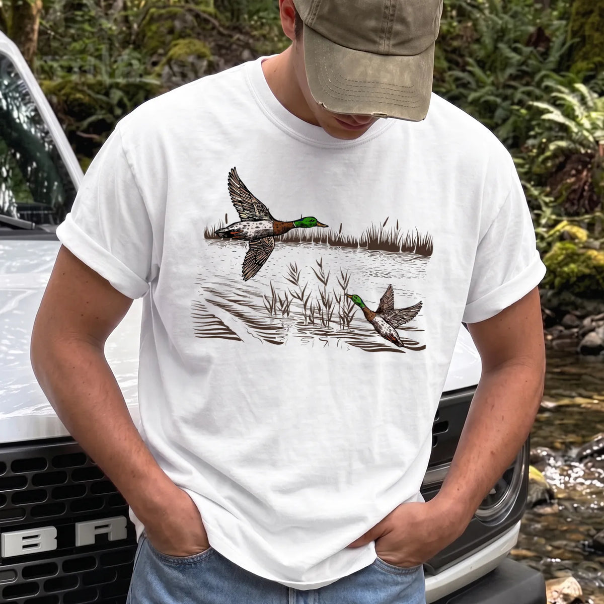 Flying Mallard Ducks T-Shirt Men model in White