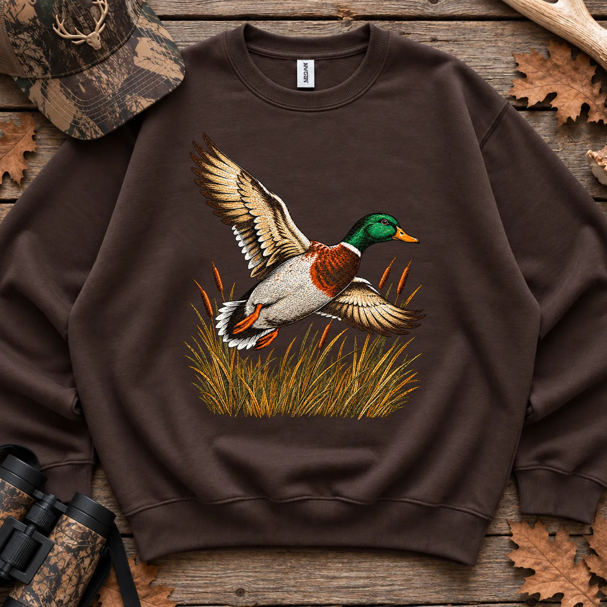 Flying Mallard Embroidery Style Sweatshirt in Dark Chocolate
