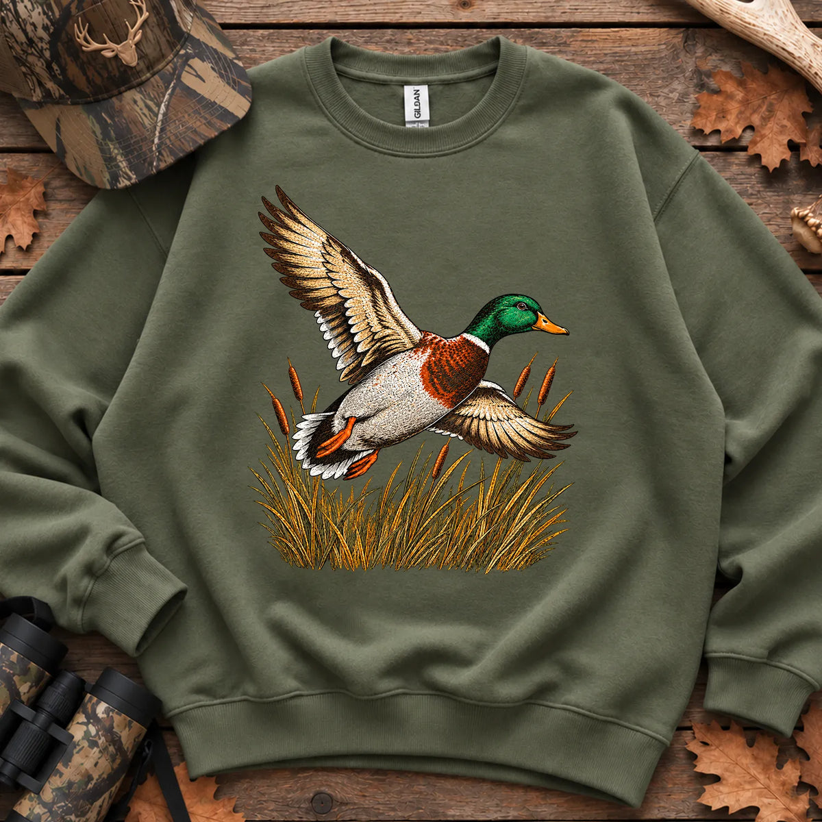 Flying Mallard Embroidery Style Sweatshirt in Military Green