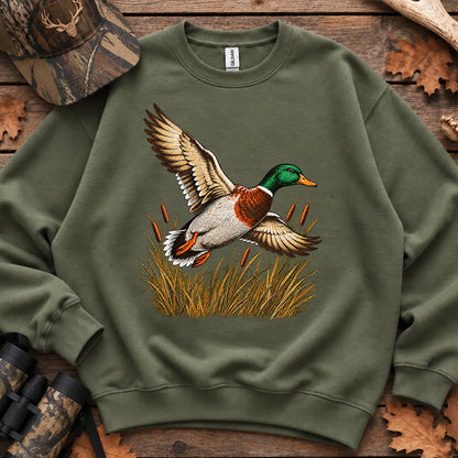 Flying Mallard Embroidery Style Sweatshirt in Military Green