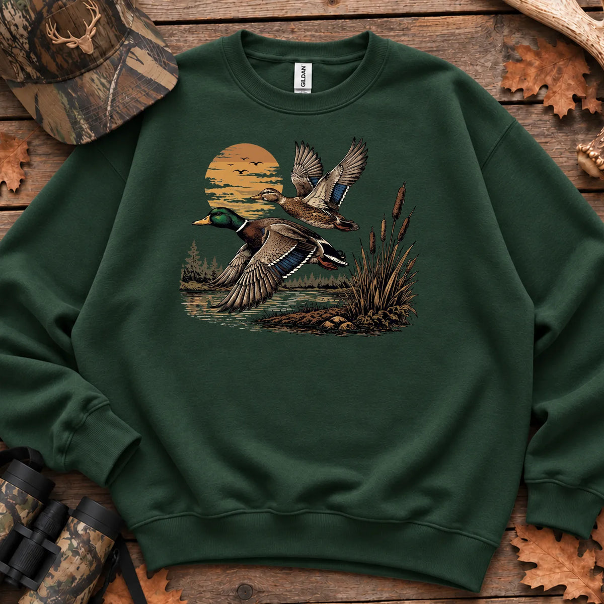 Flying Mallard Sunset Sweatshirt in Forest Green
