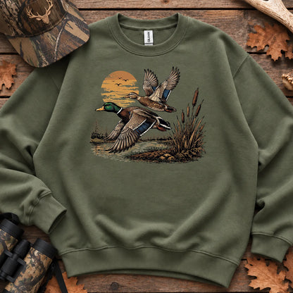 Flying Mallard Sunset Sweatshirt in Military Green