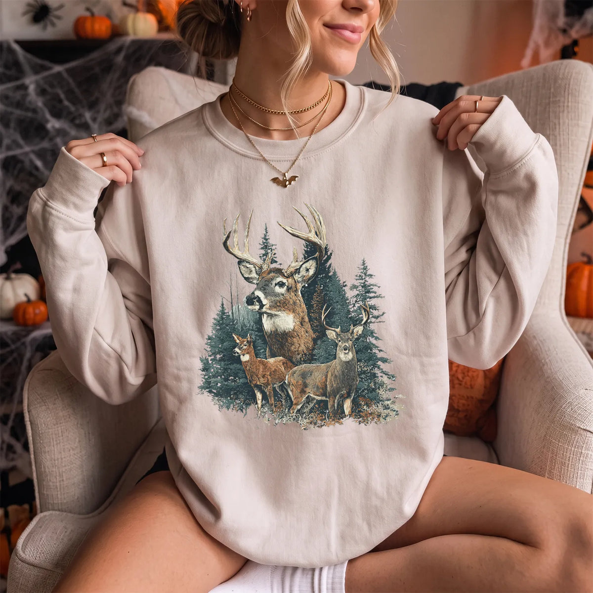 Forest Deer Family Sweatshirt Women model in Sand