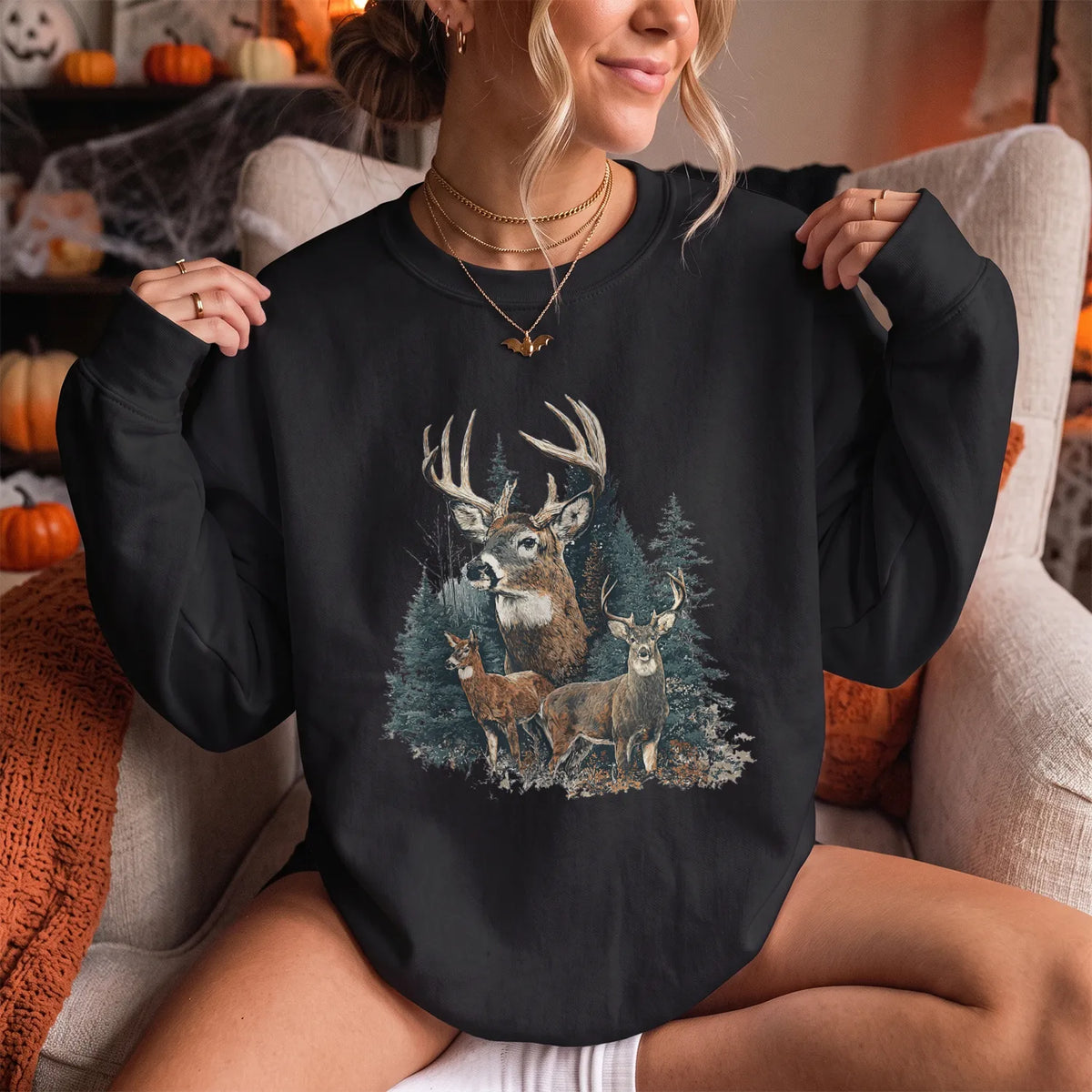 Forest Deer Family Sweatshirt Women model in Black
