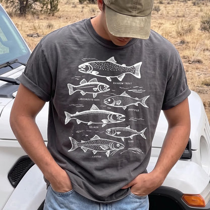 Freshwater Fish Identification T-Shirt Men model in Pepper