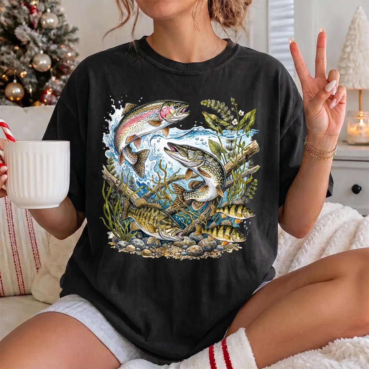 Freshwater Trout River T-Shirt Women model in Black