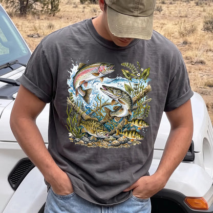 Freshwater Trout River T-Shirt Men model in Pepper