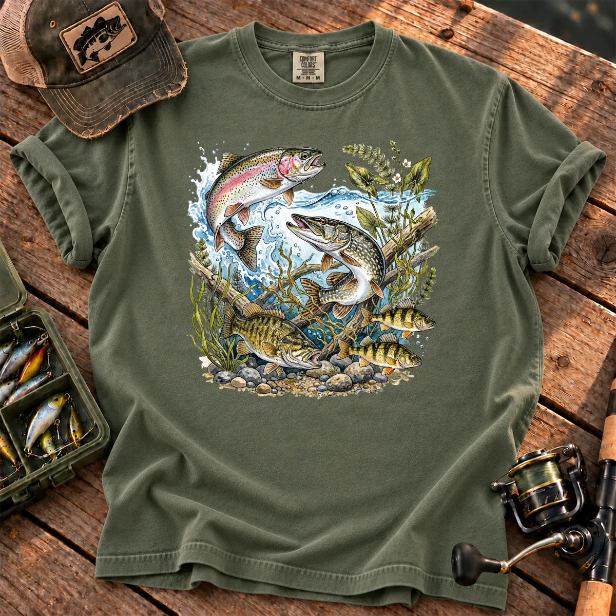 Freshwater Trout River T-Shirt in Moss