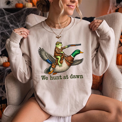 Frog We Hunt at Dawn Sweatshirt Women model in Sand