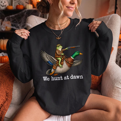 Frog We Hunt at Dawn Sweatshirt Women model in Black